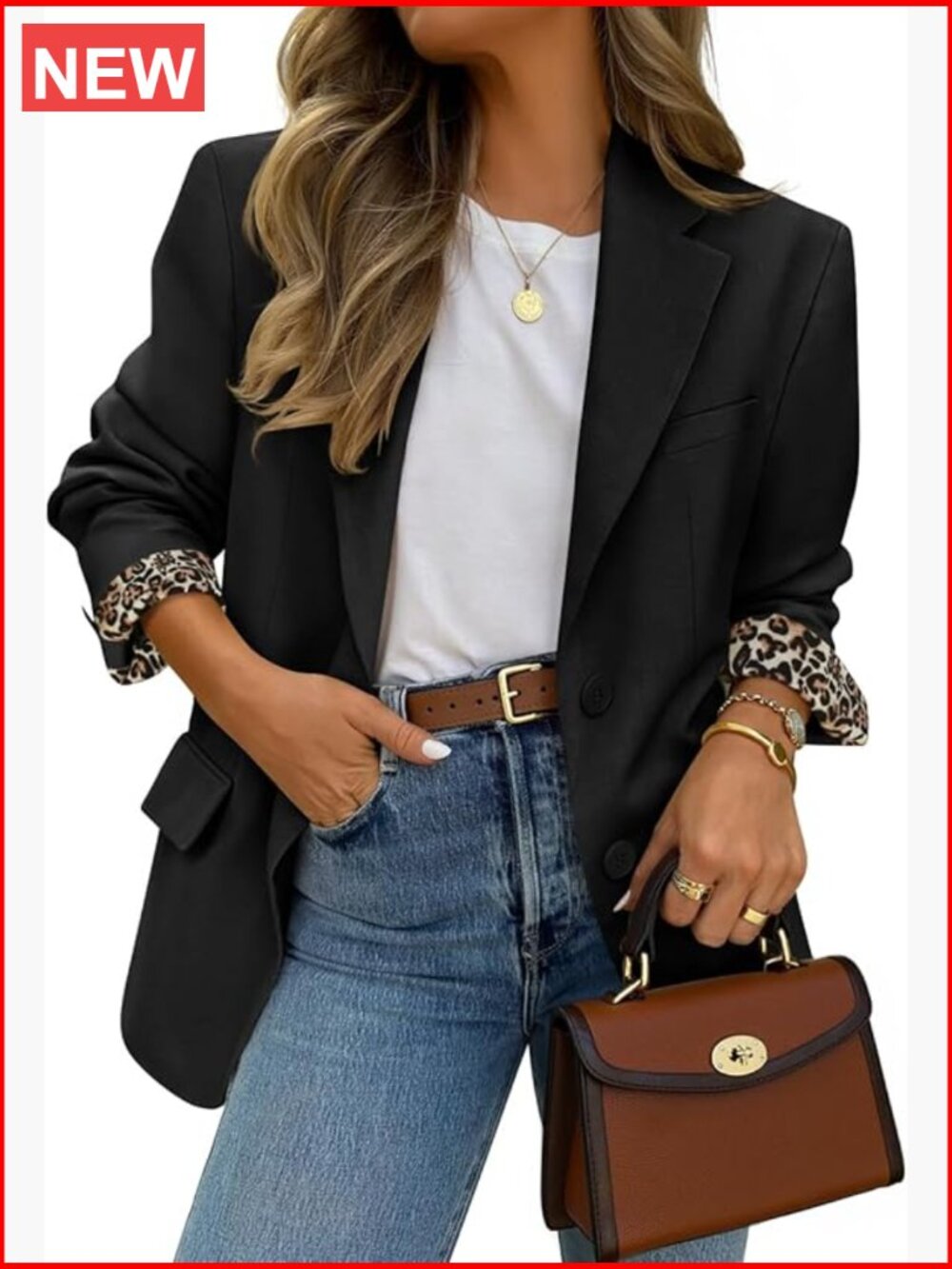 Polyester Blazer with Leopard Print Lining, Lapel Collar, Shoulder Pads, Pockets